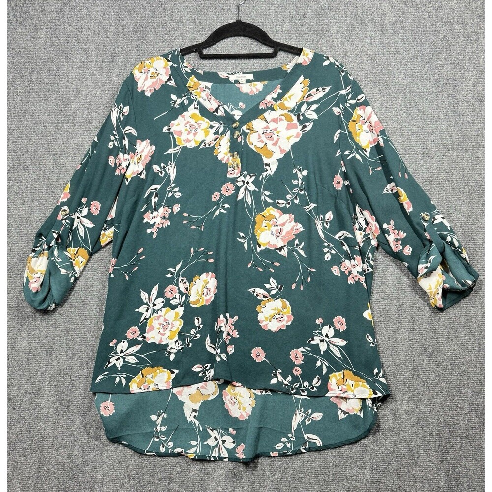 Maurices Women's Green Floral Semi Sheer V neck Top Shirt Roll Tab Sleeve Size 1
